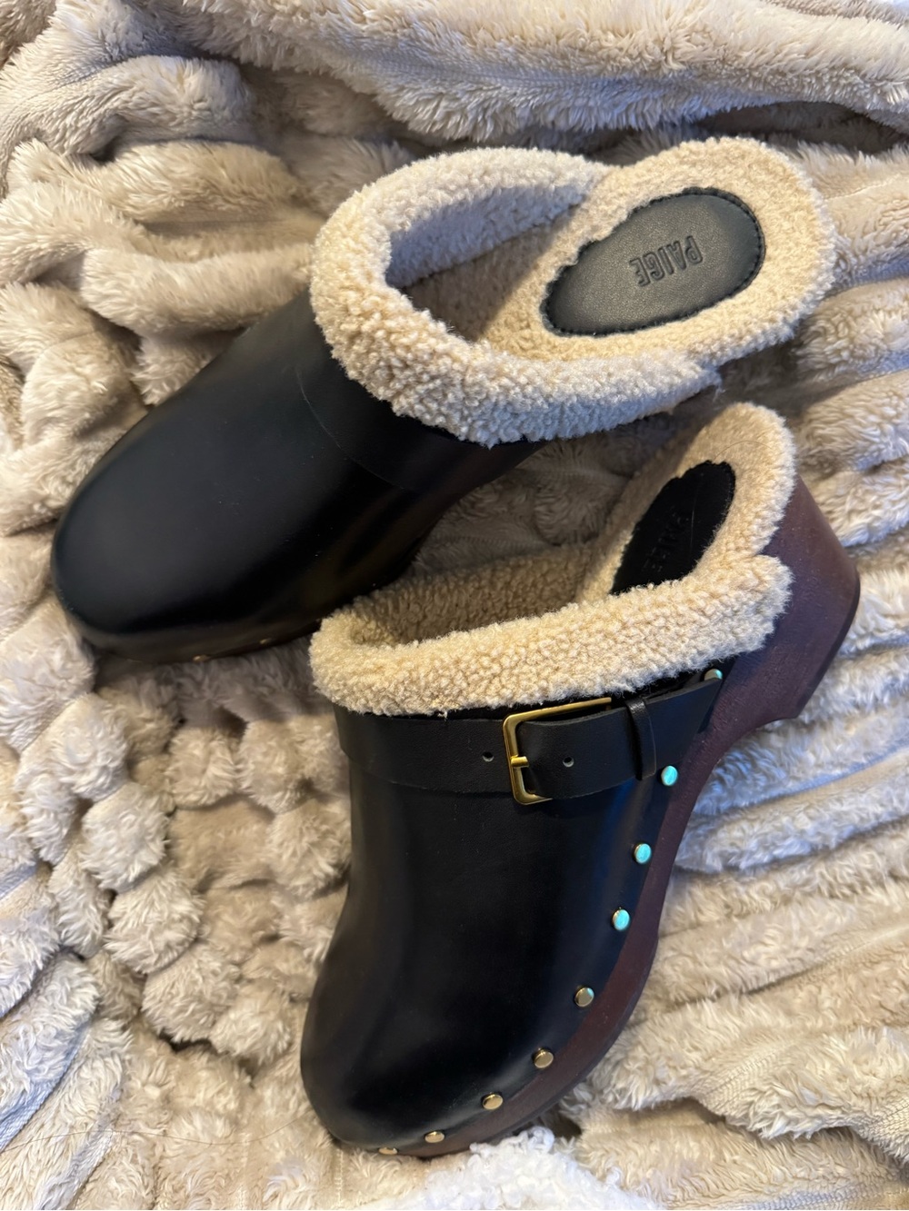 PAIGE Black Leather Clog Mules with Cream Shearling Trim